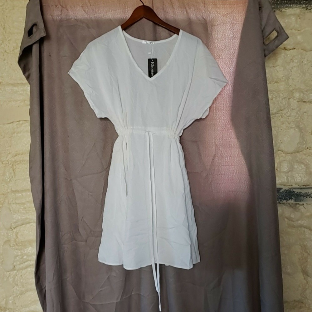 Ekouaer Dress Womens L White Solid Short Dolman Sleeve V Neck Belted Sundress